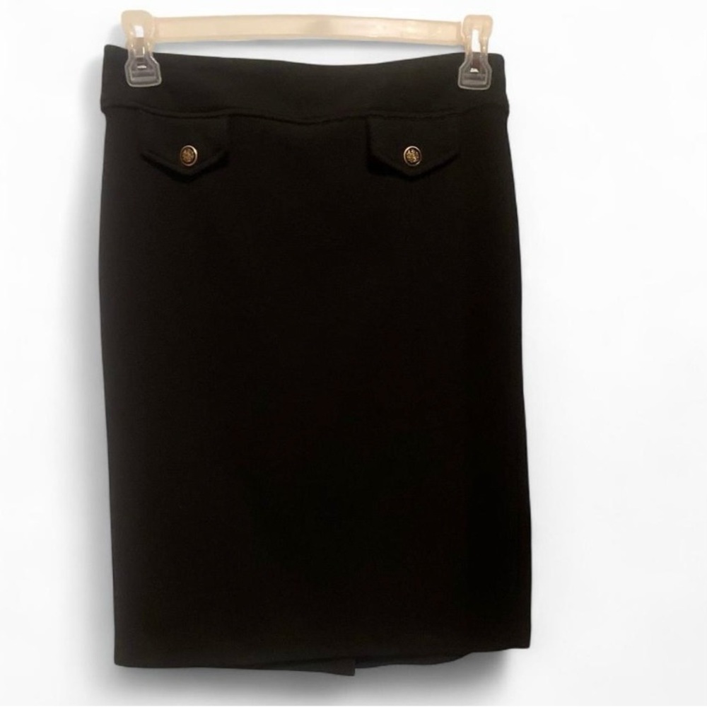 Soho Black Pencil Skirt with Gold-Tone Button Detail
